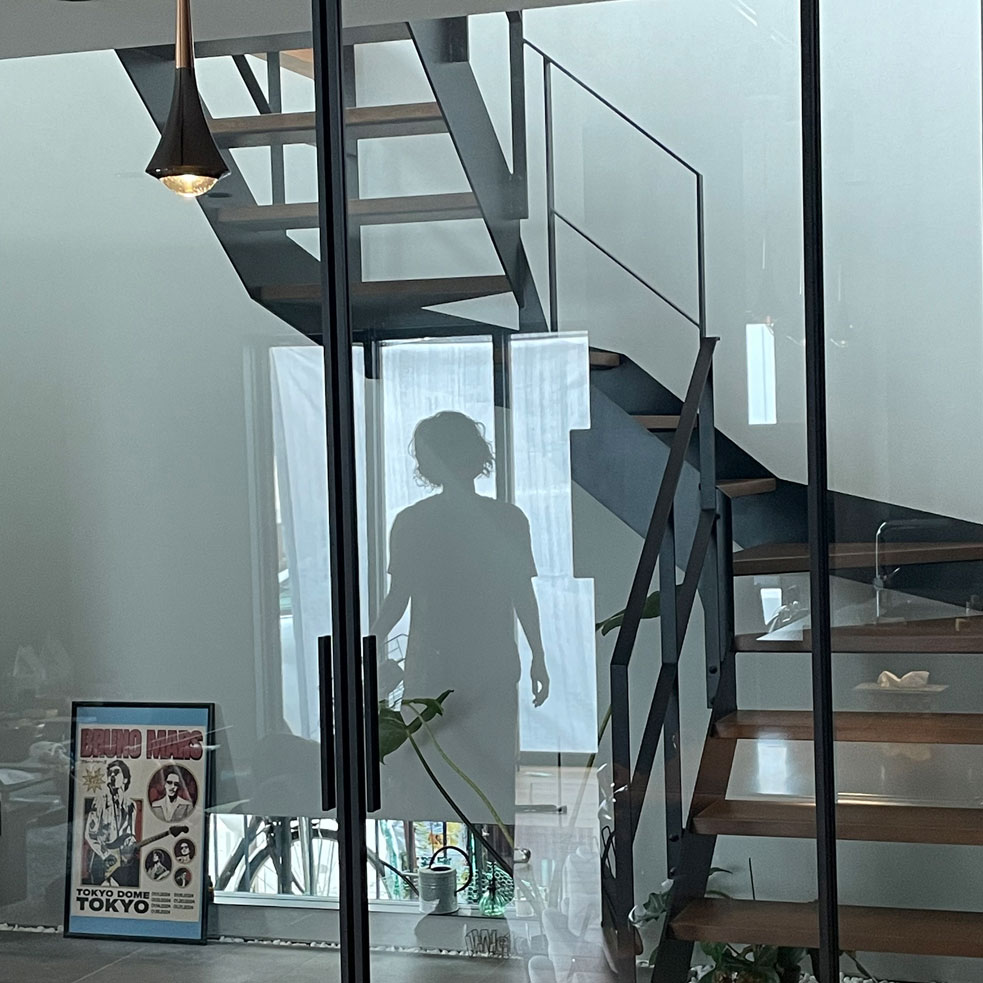 岡部工務店が施工したガラス間仕切り越しに見えるスケルトン階段のあるモダンな玄関ホールの施工事例